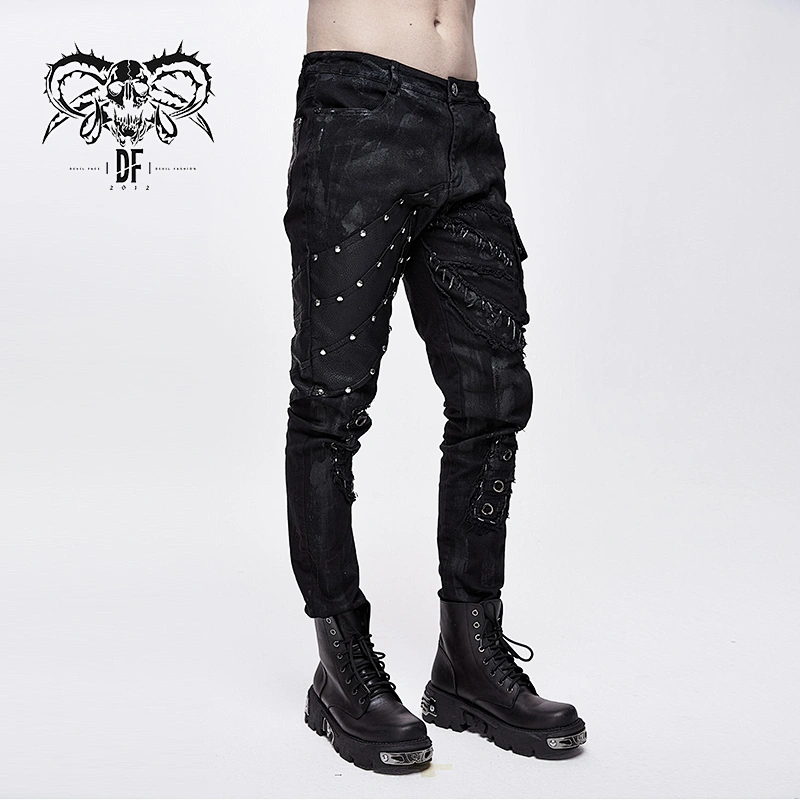 PT099 Devil fashion designer punk rock heavy metal black printed motorcycle men torn trousers