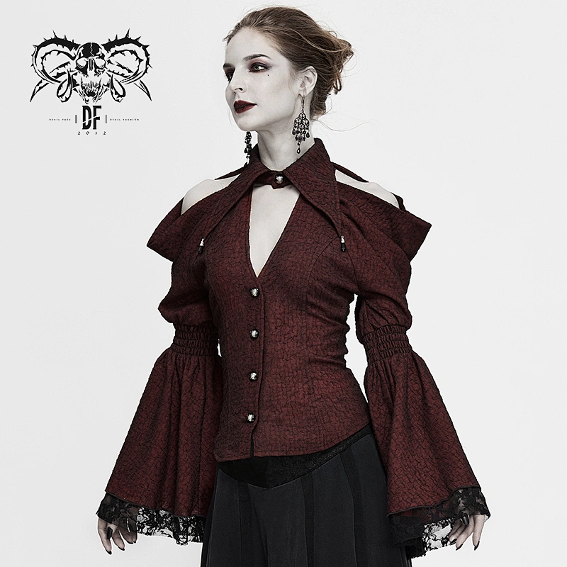 SHT052 Gothic vintage off the shoulder flare sleeves elegant women hollow out stretchy lace wine blouse