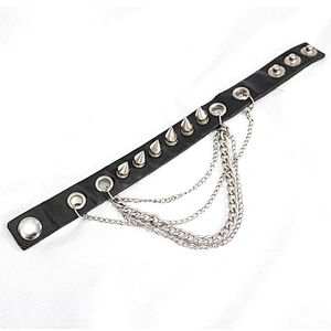 AS078 punk rock heavy metal unisex black spiked leather bracelet with chains