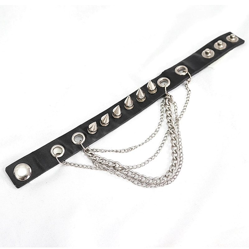 AS078 punk rock heavy metal unisex black spiked leather bracelet with chains