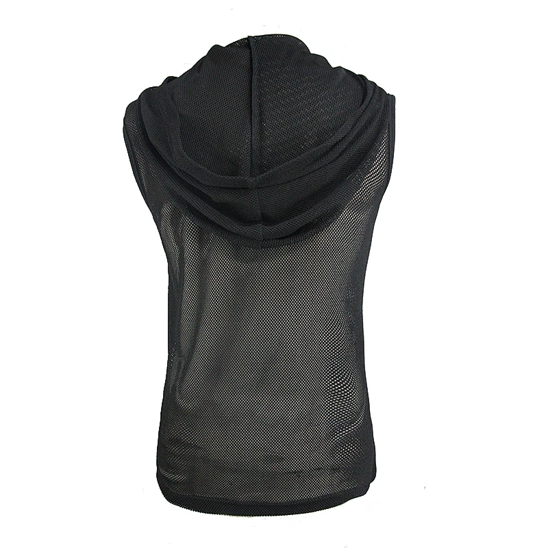 TT103 daily life summer punk cross-shaped patchwork see through men sleeveless hooded mesh tops