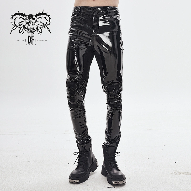 PT127 Devil fashion biker black nailed Kneepad tight cyberpunk men patent leather trousers