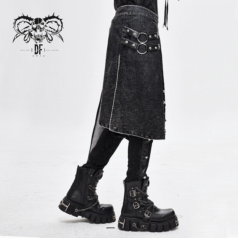SKT102 punk rock adjusted waist distressed corduroy spiked wrapped men kilts with loops