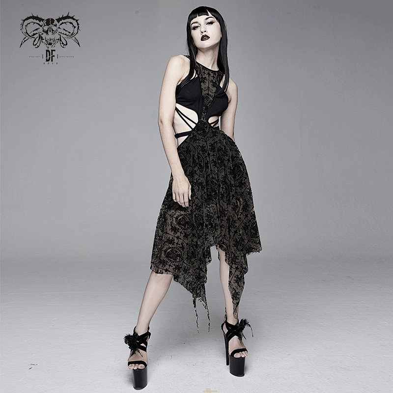 SKT09001 Devil Fashion Summer club black queen printing hollow out asymmetry designer sleeveless women sexy evening gothic dress