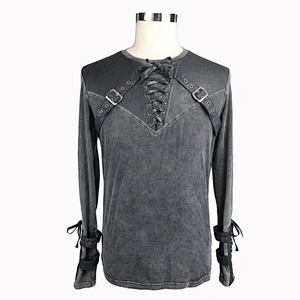 TT08201 Autumn laced up black faded O neck men long sleeves punk cotton T-shirt with loop