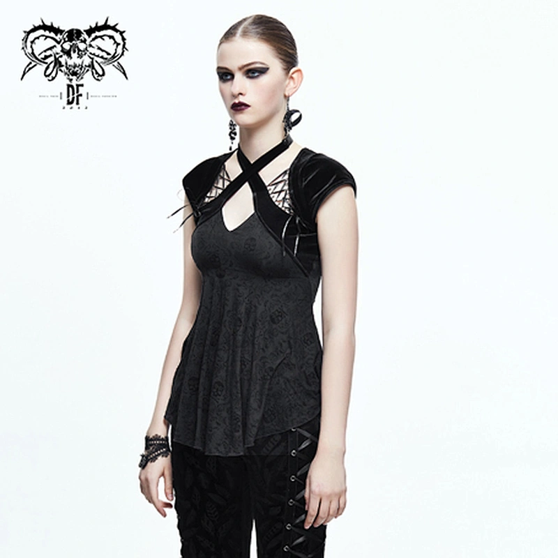 TT070 summer gothic sexy women skull patterned flocking high grade velvet slender halter T-shirt