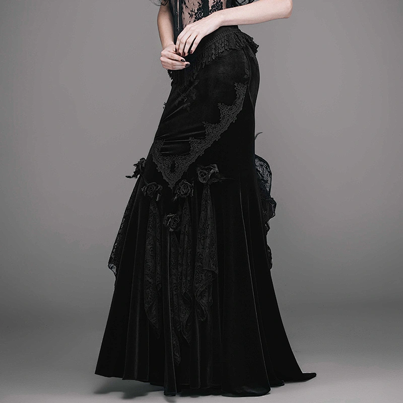 ESKT003 Eva lady gorgeous party floor length gothic black rose pattern embossed velvet fishtail skirt