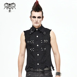 WT061 punk heavy metal mesh spliced unedged men sleeveless twill shirts with loops and buckles