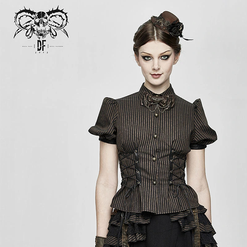 AS056 Devil fashion vintage girls cosplay steampunk women shirt coffee bow tie with metal chain