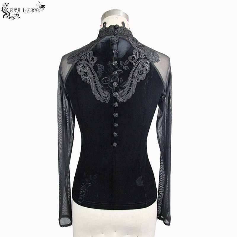 ETT005 Eva Lady sexy mesh sleeves small standing collar black lace rose gothic festival velvet T-shirts