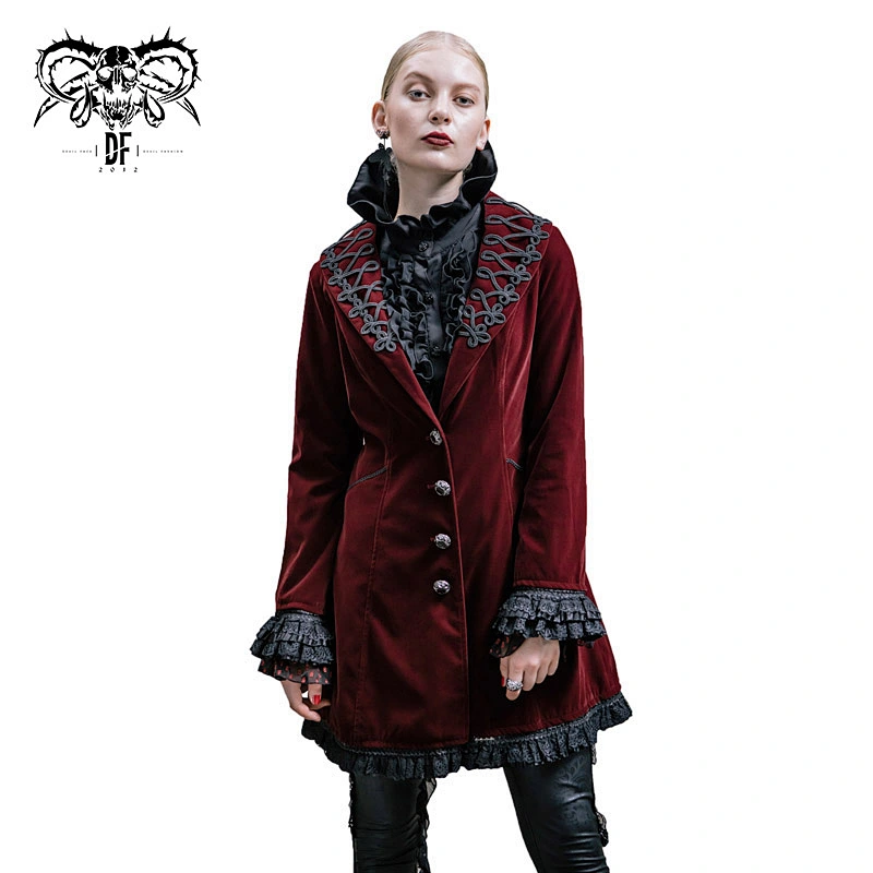 CT00302 Devil fashion wine chinese frog turn down collar crimp lace sleeves velveteen gothic women coats