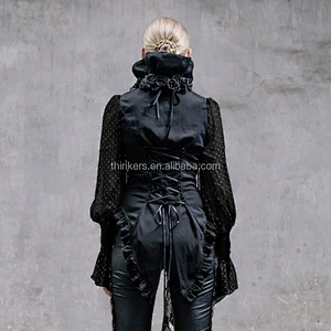 SHT00201 Devil fashion lace sleeves ruffled collar sexy women black Gothic blouse with roses