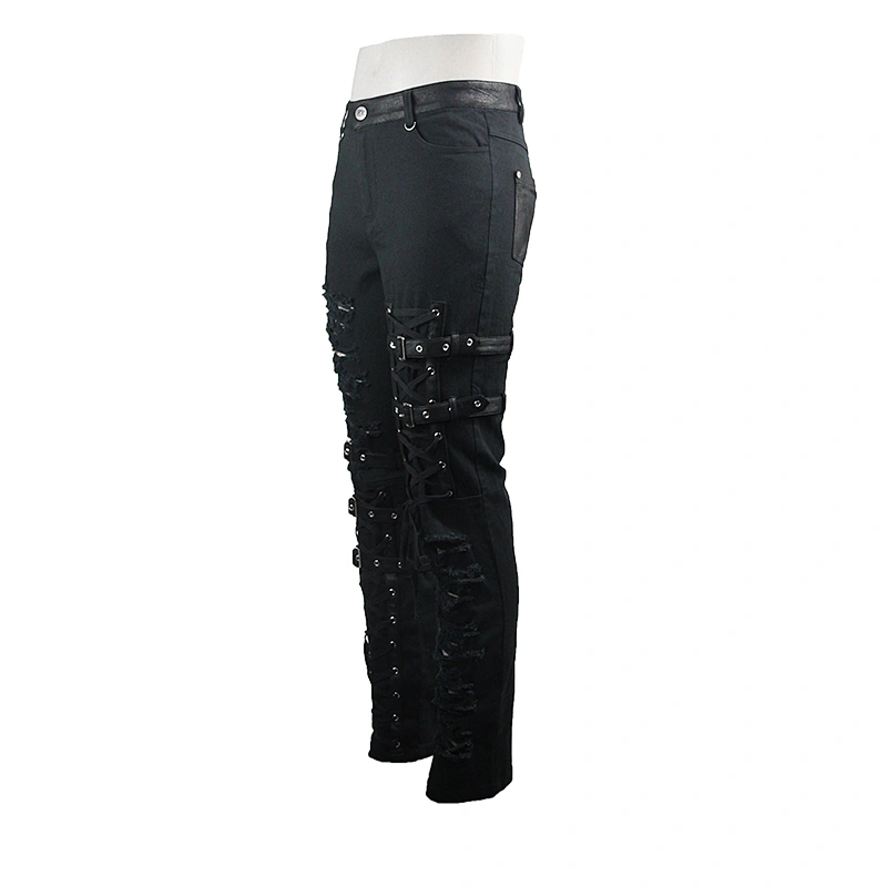 PT092 Devil fashion decadence metallic punk rock men black ripped trousers with loops