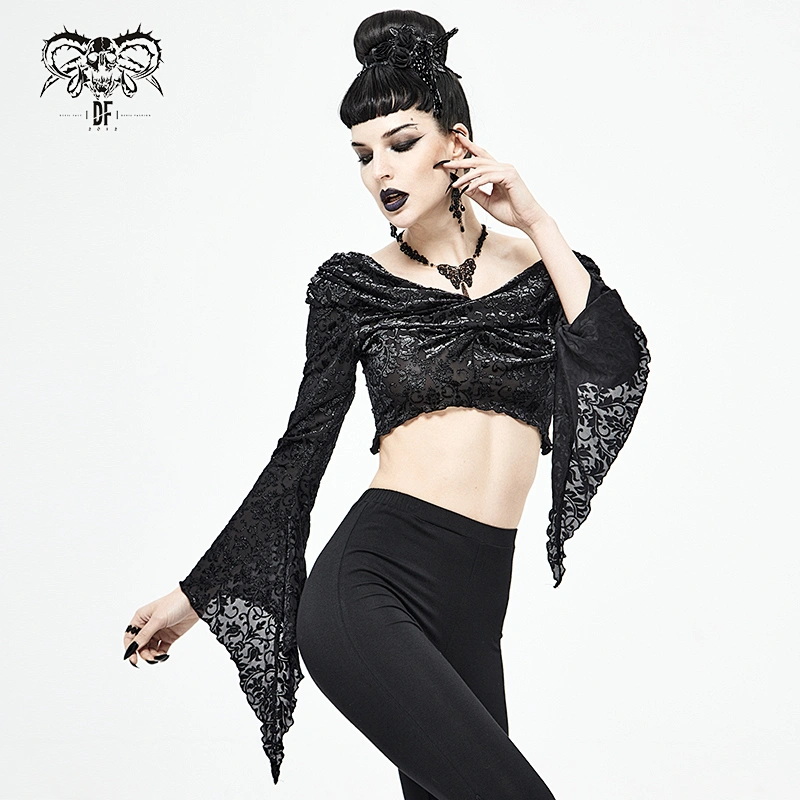 TT155 off the shoulder twisted neck flared sleeves silver-ironed burnt sexy ladies short velvet T-shirt