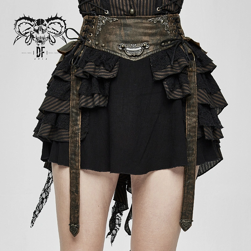 SKT107 sexy girls slim asymmetrical hem Steampunk brown short striped half skirt with belt