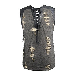 TT104 daily patchwork summer tattered broken lines laced up sleeveless men punk vest