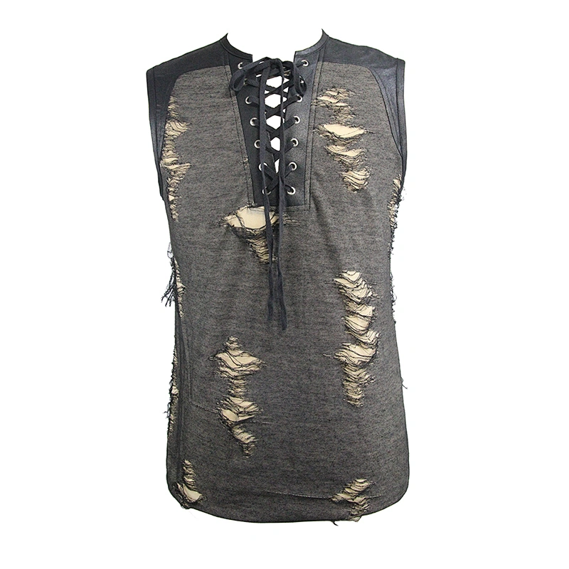 TT104 daily patchwork summer tattered broken lines laced up sleeveless men punk vest