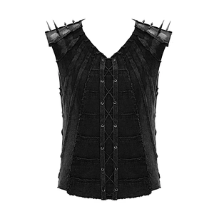 TT121 Summer biker patchwork raw edge laced braid distressed black punk men vest with rivets