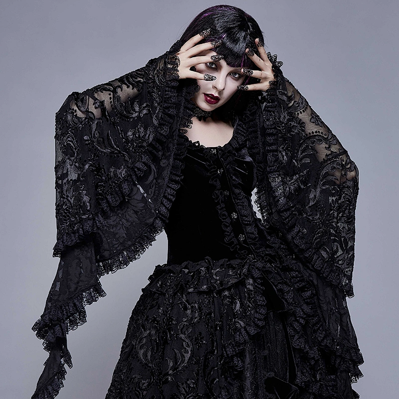 ECT008 Eva lady noble flared sleeves round neck black gothic autumn pleated velvet dress coat