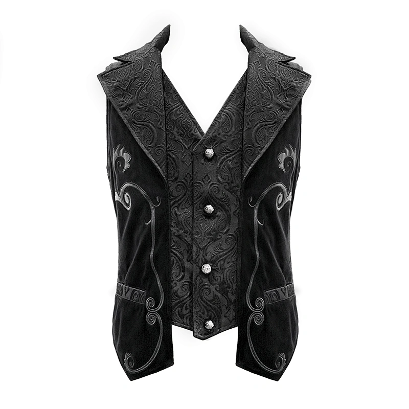 WT049 noble floral patterned leather embroidery black gothic party men velvet waistcoats