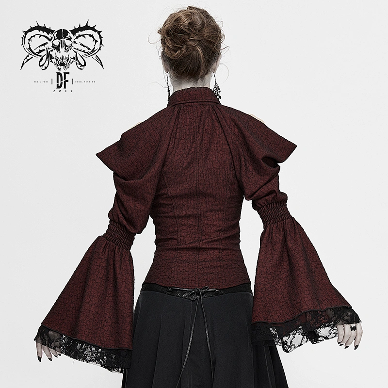 SHT052 Gothic vintage off the shoulder flare sleeves elegant women hollow out stretchy lace wine blouse