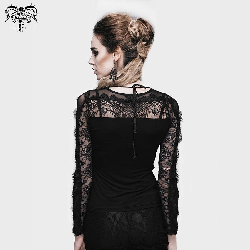 TT012 summer everyday O neck gothic patterned lace tied with rope sexy ladies long sleeves T-shirt