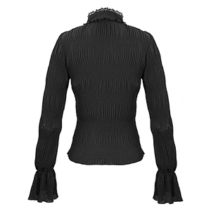 SHT071 daily life gothic women lace stand up collar horn sleeves black pleated chiffon blouse