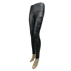 PT056 Devil fashion daily life punk sexy women rivets skinny coarse grain leather pants with adjusted loops