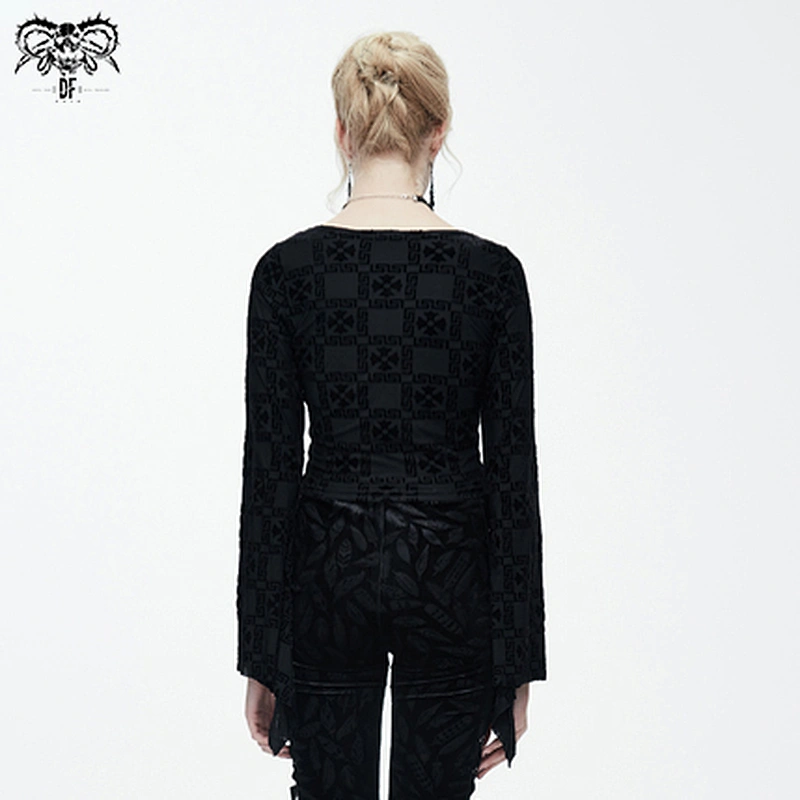 TT073 daily wearing O neck horn sleeves cross burnt out pattern velvet gothic sexy women short T-shirts