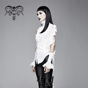 SHT04002 Gothic white stand collar ruffled flowers summer chiffon women blouse with swallowtail