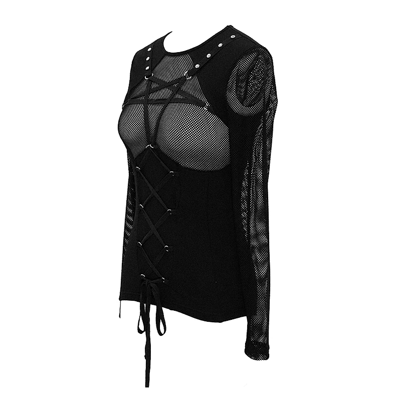 TT130 fetish perspective pentagram chest black mesh nailed punk sexy women T-shirt with ribbons