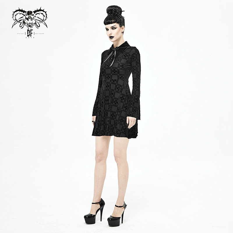 SKT063 everyday wear sexy women trumpet sleeve black Cross pattern knitted dress with knot