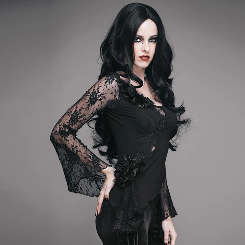 ETT001 Eva lady sexy women roses lace sleeves elegant Gothic women stretchy fitted t-shirts