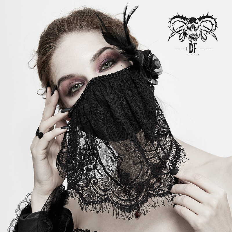 MK025 Devil fashion mysterious sexy ladies costume ball cotton roses floral gothic beaded black lace party mask with feather