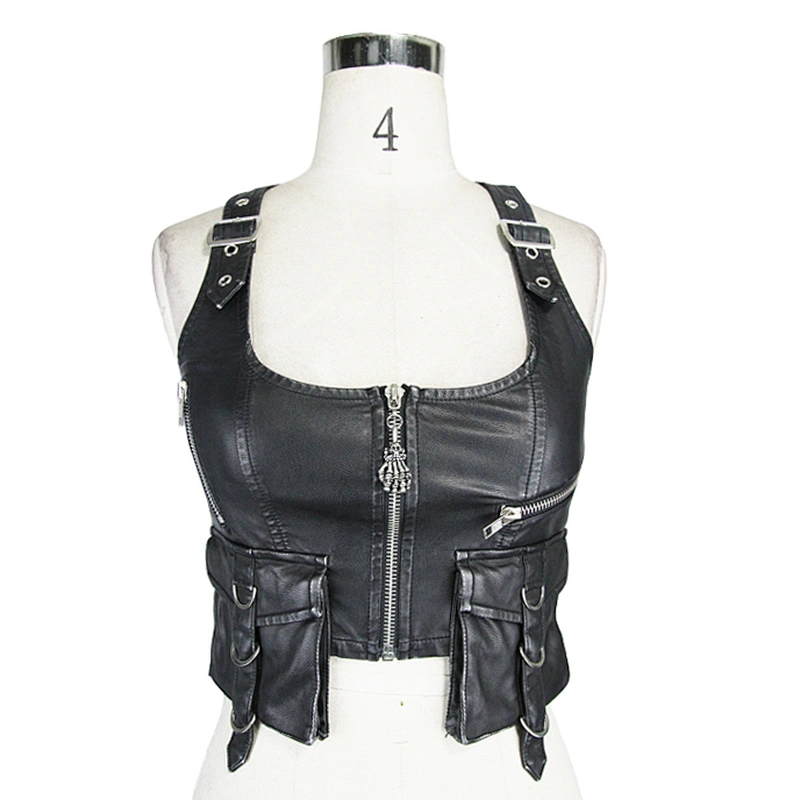 WT01001 biker heavy metal women black and silver punk short leather waistcoat with bags