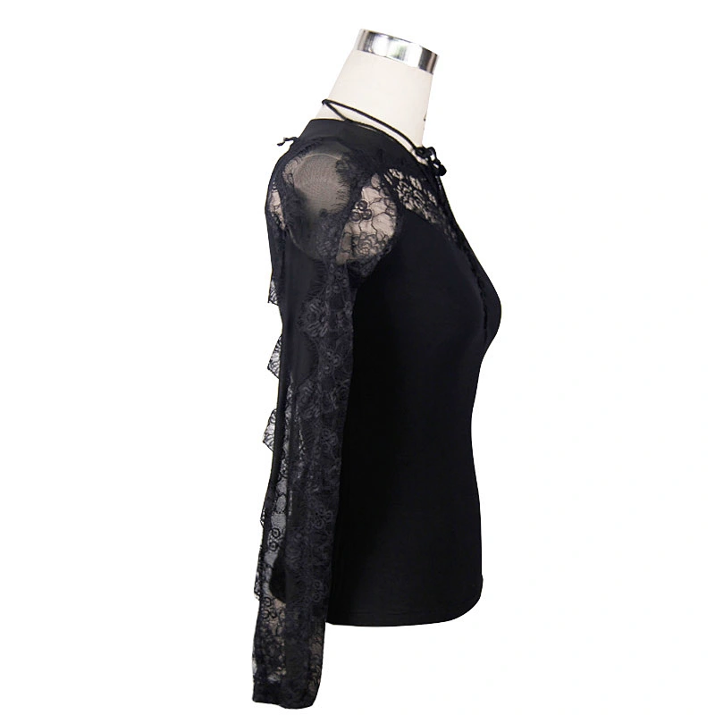 TT012 summer everyday O neck gothic patterned lace tied with rope sexy ladies long sleeves T-shirt
