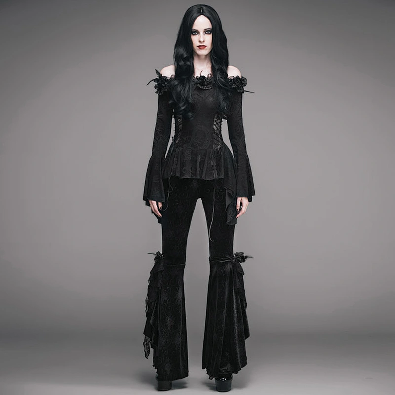 ETT002 Eva lady boat neck flared sleeves plus size sexy women lace up gothic t-shirts