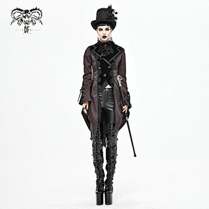 CT17102 Devil fashion Autumn vertical striped lace appliqued wine Gothic party women swallow-tailed coat