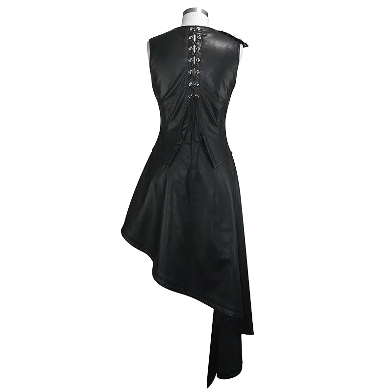 SKT089 V neck punk rock Asymmetric hem zipper up spiked mid length leather vest with loops
