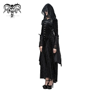 CT044 Gothic patterned big sleeves sexy women party fitted rose mesh velvet hooded long dress coat