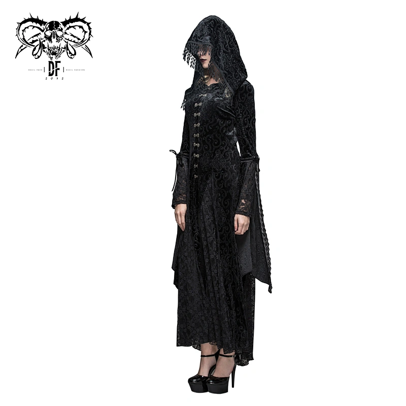 CT044 Gothic patterned big sleeves sexy women party fitted rose mesh velvet hooded long dress coat
