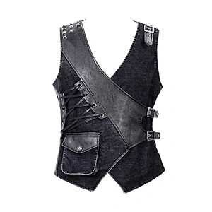 WT050 devil fashion old effect spliced asymmetric men punk rock spiked leather vest with bag