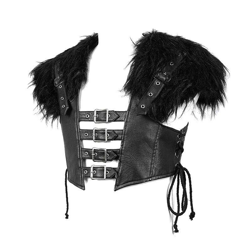 WT030 Hallowmas punk rock men fur shawl coarse textured short leather waistcoat with loops