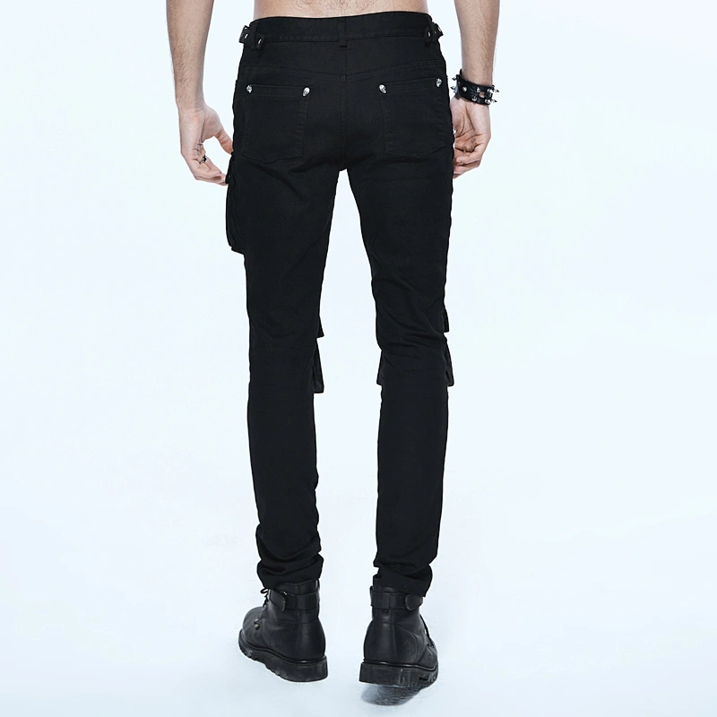 PT06701 Devil fashion stage leather pockets zipper decoration punk rock autumn black fitted trousers