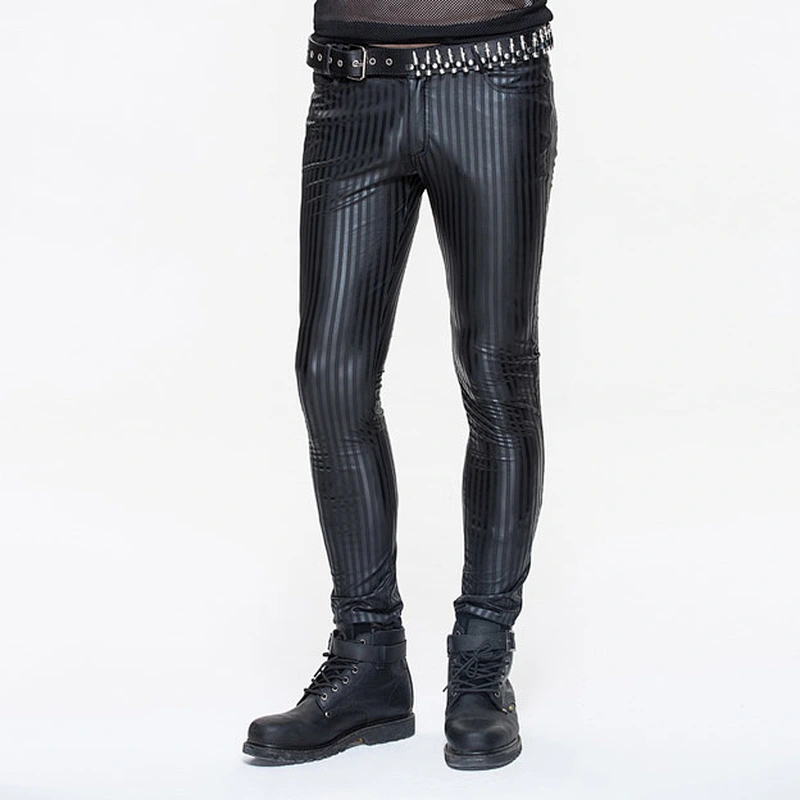PT045 Devil fashion designer daily wear punk basic style slim fit men vertical stripe tight leather trousers
