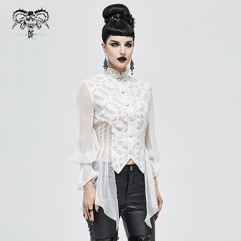 SHT06802 white elegant women Summer see through Gothic palace flower mesh spliced laced up Chiffon blouse