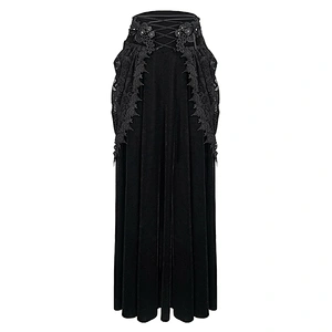 SKT127 Gothic party sexy women black mid-waist drawstring long stretchy velvet skirts with lace
