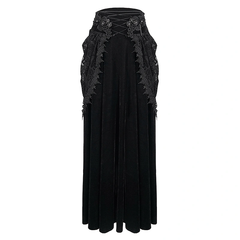 SKT127 Gothic party sexy women black mid-waist drawstring long stretchy velvet skirts with lace