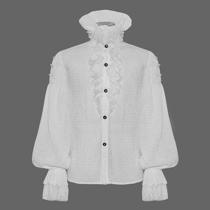 SHT05002 Gothic event mesh cuff stand collar pleated chiffon white flounces loose men shirts