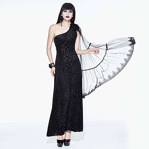 ESKT015 Eva lady punk wedding floral pattern transparent mesh sleeves single shoulder sexy black long dress
